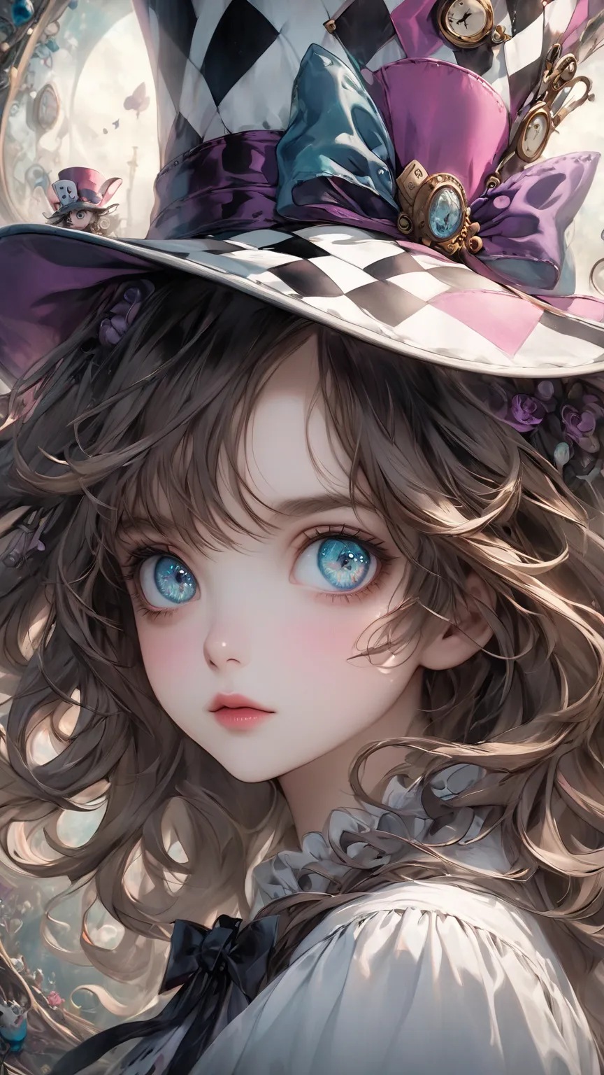 High Quality Textures { x} Details Beautiful and Delicate Eyes、Hi-Res、Top Quality、Tim Burton style、Alice wearing a Mad Hatter hat、