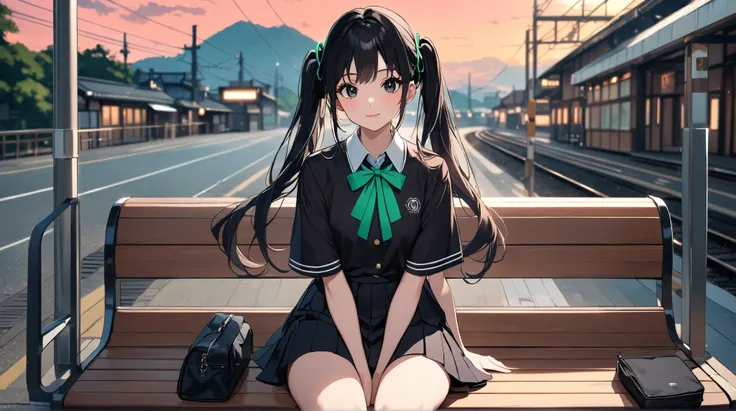 train station platform in a rural Japanese town in the 1970s、Crimson sunset sky、Japanese high school girl sitting on a train station platform bench and waiting for a train、in the background is a beautiful ocean and sunset sky、Front Front View Shot、The colo...