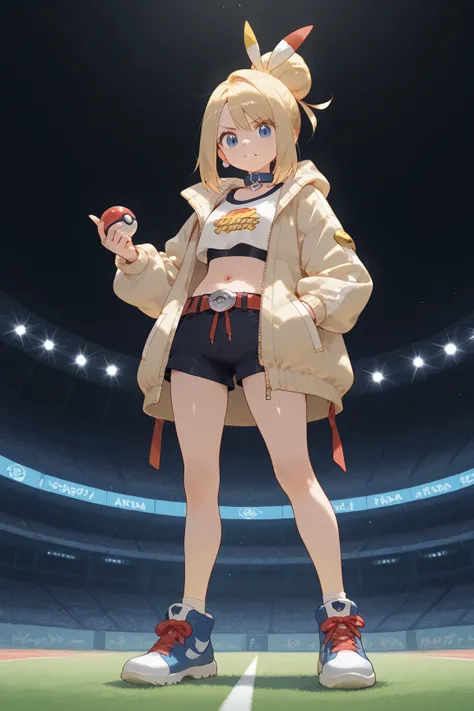 1 gril, (taunie, pokeza), (blonde hair, single top bun ponytail, pink highlights, short hair,), (red crop top, oversized jacket, bracelet with pokeball symbol, beige jacket, blue collar and blue cuffs jacket, two flap pockets, red belt with circular buckle...