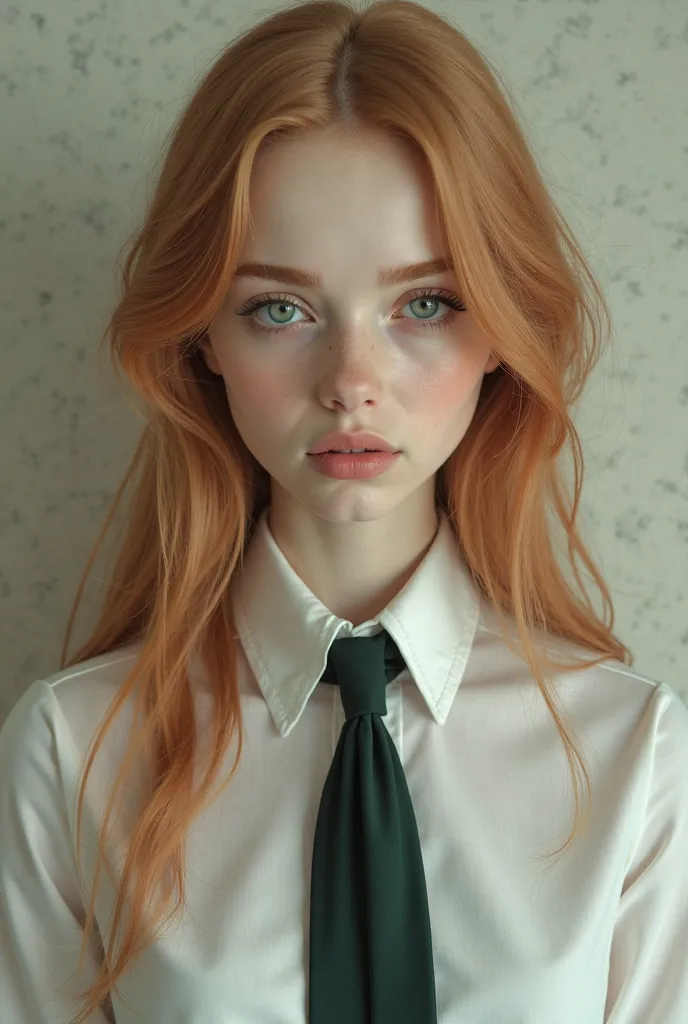 Pale skin. Strawberry blonde, long hair. Grey, almond-shaped eyes. Small nose. Long thick eyebrows. Heart-shaped face.  european . White shirt with dark green tie. Mysterious aura 