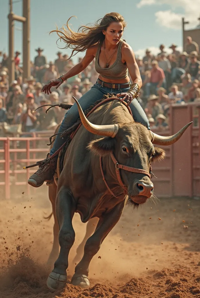 Create a girl riding a rodeo style bull 