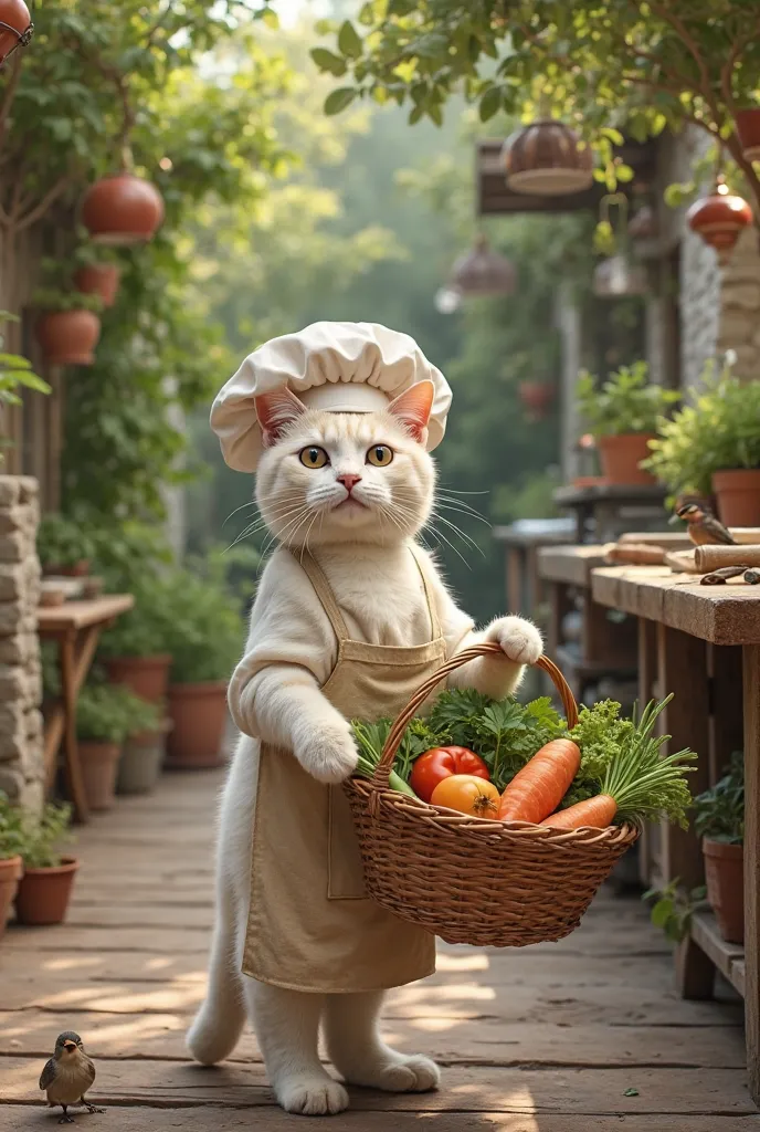 Gathering Fresh Ingredients
Description:
A white tabby cat, standing upright on two legs, is dressed in a rustic chef's outfit: a slightly worn linen apron, a floppy white chef’s hat tilted to one side, and light brown paw gloves. The scene is set in a vib...