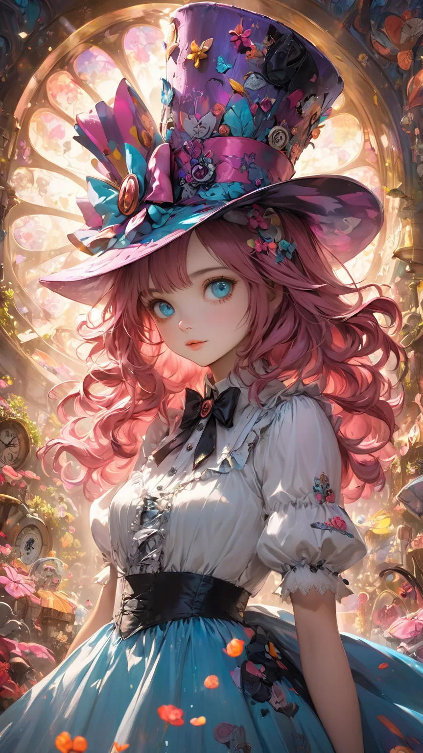 High Quality Textures { x} Details Beautiful and Delicate Eyes、Hi-Res、Top Quality、Tim Burton style、Alice wearing a Mad Hatter hat、full body、