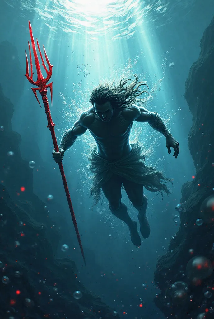 Silhouette of a man with long hair, with a bright red trident, diving at high speed to the bottom of the ocean 