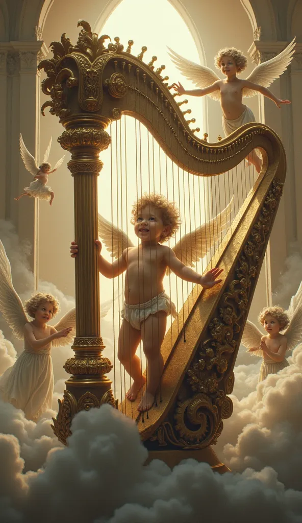 Cupid　Big Harp　heaven　Gothic　Steambank style　　Lots of angels　goddess playing harp