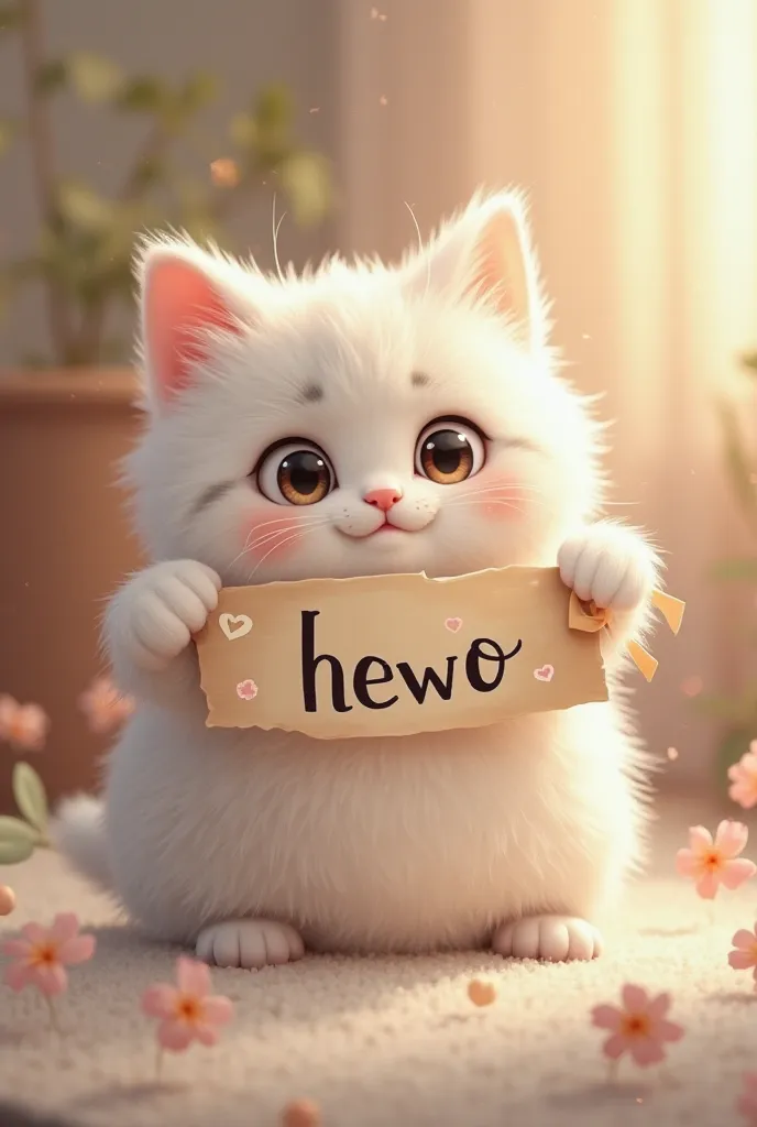 create me a cute fluffy cat holding a banner that says "hewo"