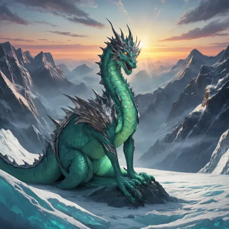 /imagine prompt: A gigantic dragon with shimmering gold and silver scales, immense wings reflecting the sunlight, and piercing blue eyes, mountainous landscape during sunset, with the sky painted in green  ice and green hues and glowing clouds, dragon sitt...