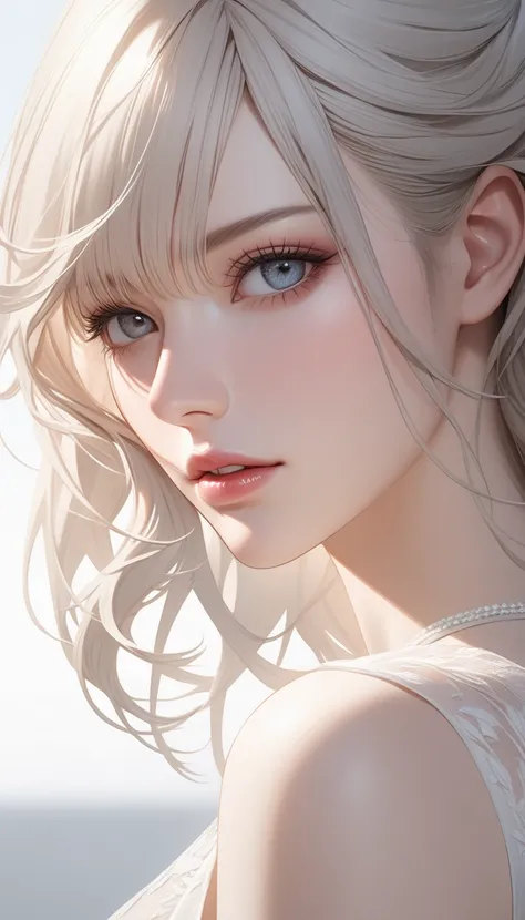 are hyperrealistic，close up， a woman in a white dress