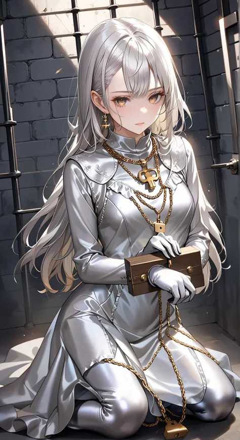 portrait、god々Shining light、( masterpiece, top quality, Ultra High Resolution ),Extremely detailed CG, Japanese woman with pale silver hair,(( beautiful face)),(( long sleeve long dress made of pale silver satin))、((The dress has a simple design without e...