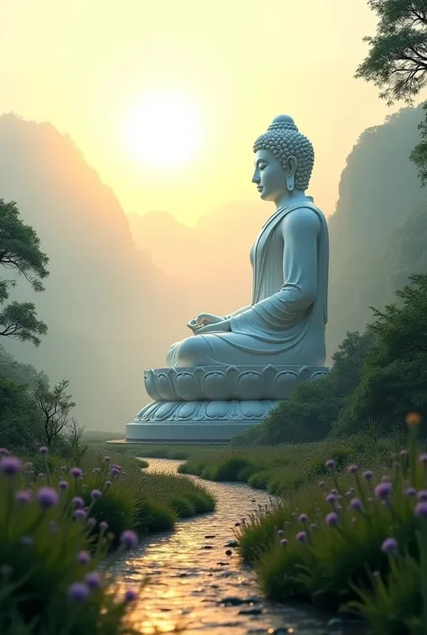 A long path, amidst the mist and soft sunlight, a large, beautiful white Buddha statue sits in meditation, still and still.