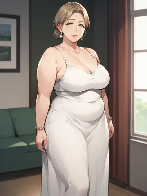  score_9,  score_8_up,  score_7_up,  source_anime, 1 female, Alone, chubby, indoors, pale, Mature middle-aged woman, Mature Woman,  dress, wearing  dress, green eye, blond hair，