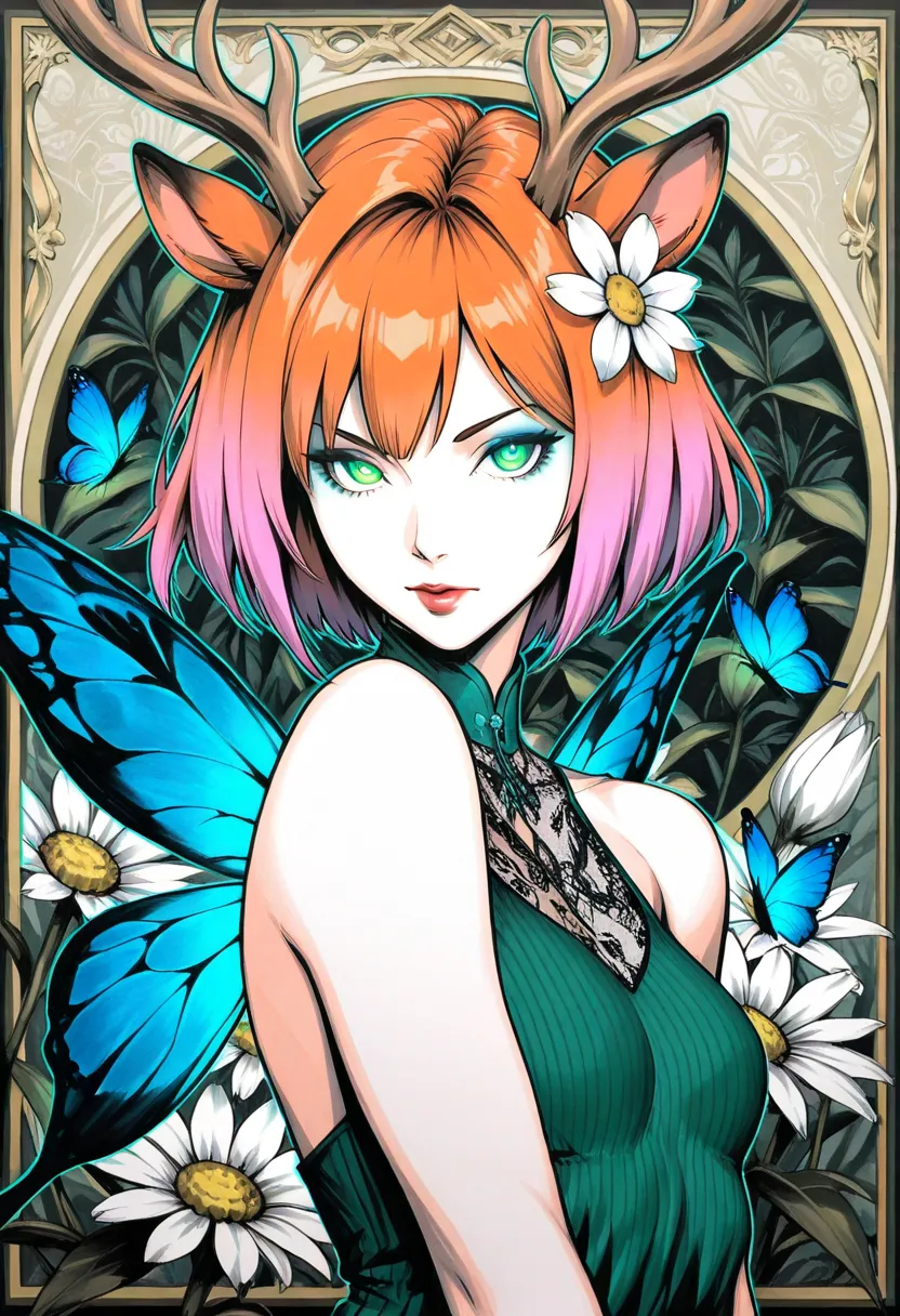 AnimePencil,masterpiece, best quality, good quality, very awa, newest, highres, absurdres, 1girl, solo, breasts, looking at viewer, short hair, hair ornament, dress, animal ears, closed mouth, bare shoulders, green eyes, upper body, pink hair, flower, mult...