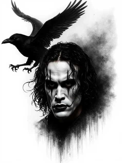 Create tattoo texture drawing representing Eric Draven and a Crow flying around , White background , face close up