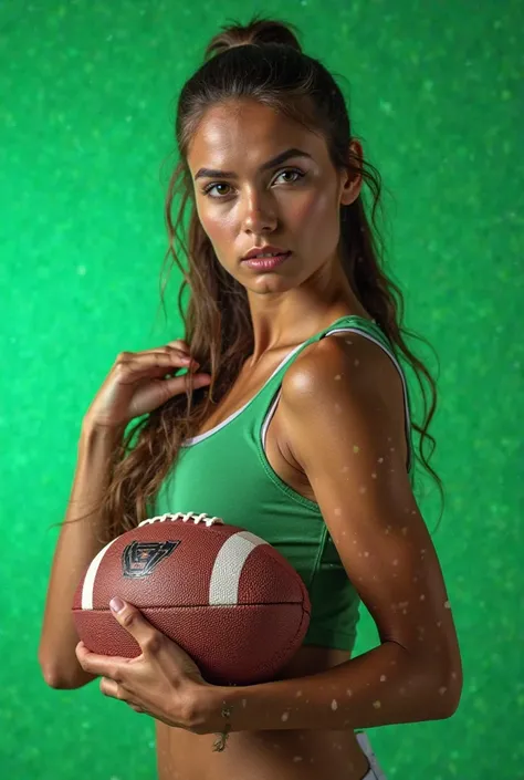 A beautiful football girl model holding a football.Green screen background.