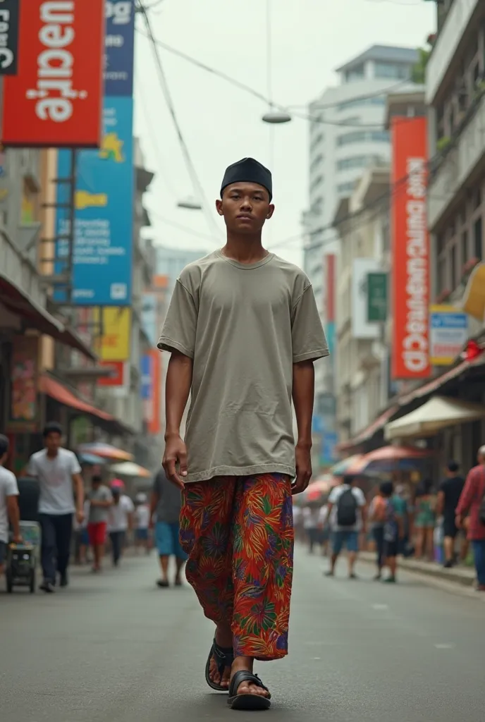 A young Indonesian man of 35 years of standard body wearing a Muslim peci hat with a shoulder on the shoulders of a t-shirt wearing a muslim sarong and sandals walks through the streets of the capital, behind which the billboards reading CIRENDANG look rea...