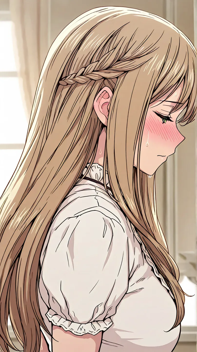 ((masterpiece)),(((best quality))),((ultra-detailed)),((illustration)),((disheveled hair)),((frills)),(1 girl),(solo), 1girl, bangs, blush, braid, breasts, closed mouth, dress, french braid, half updo, indoors, long hair, nose blush, profile, puffy short s...