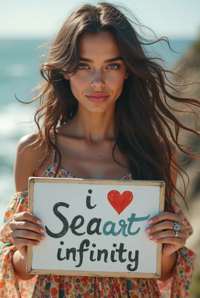  Beautiful girl with wavy long hair in a bohemian dress, Holding a white board marked "I Love Seaart Infinity" and showing it to the viewer