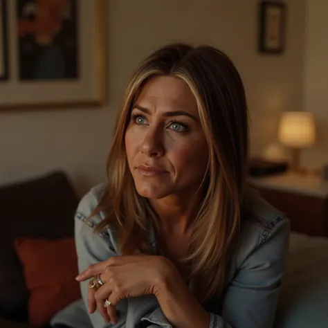 ((Jennifer Aniston)) half body, in an apartment sitting, side camera , Looking at the worried side,,  wearing a casual outfit.