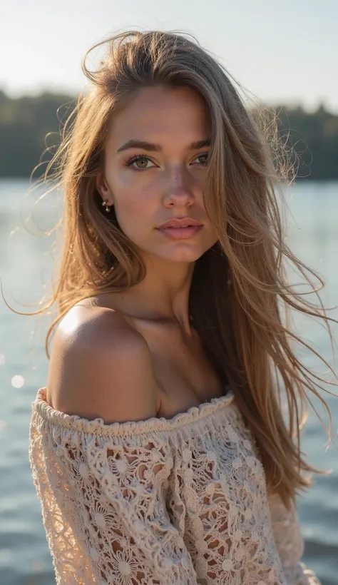 Beautiful woman 25 years old , light brown straight long hair, fluttering in the wind ,   brown eyes, with makeup,  an earring in her ears  , standing by the lake full-length professional photo in HD