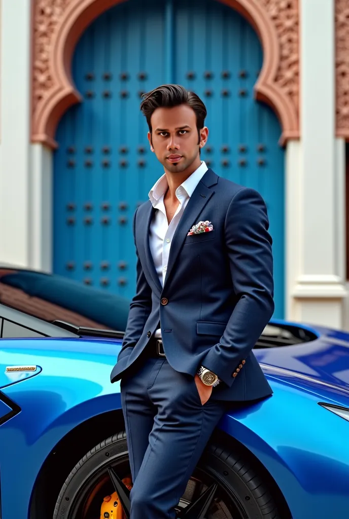 A charming and medium muscular handsome man with piercing brown eyes, black hair and a handsome face leans against a luxurious elegant blue Lamborghini car , his muscular frame clad in tailor made custom suit. His dark, windswept hair and a hint of stubble...