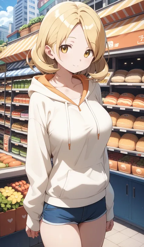masterpiece, best quality, detailed beautiful face and eyes, very detailed background, Mami Tomoe, megami magazine, medium blonde hair, parted bangs, yellow eyes, large breasts, 1girl, cowboy shot, city, shops, hoodie, collarbone, short shorts