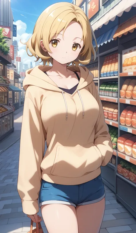 masterpiece, best quality, detailed beautiful face and eyes, very detailed background, Mami Tomoe, megami magazine, medium blonde hair, parted bangs, yellow eyes, large breasts, 1girl, cowboy shot, city, shops, hoodie, collarbone, short shorts