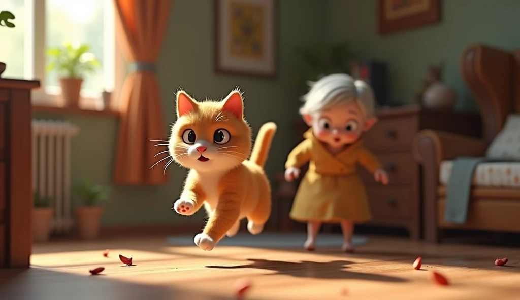 semi realistic cat simulation game ss show inside the house granny running toward the cat  a cat is running jumping quickly