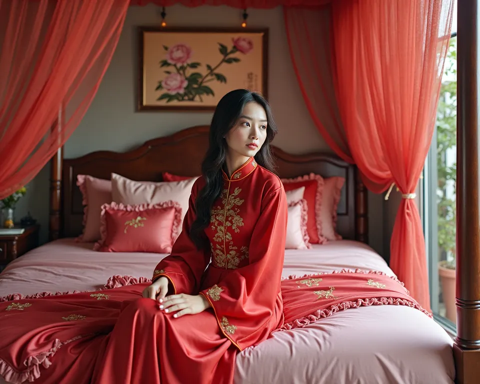 Jasmine, a 25-year-old shy young Chinese woman wearing an ancient Chinese long dress – red in colour with gold embroidery, is sitting at the edge of a four-poster bed draped with thin translucent red curtains; the bedsheet is pink and made of silk, and the...