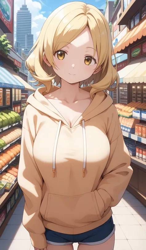 masterpiece, best quality, detailed beautiful face and eyes, very detailed background, Mami Tomoe, megami magazine, medium blonde hair, parted bangs, yellow eyes, large breasts, 1girl, cowboy shot, city, shops, hoodie, collarbone, short shorts