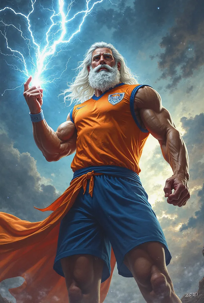 2D drawing of Zeus with lightning in his hand, with orange and blue soccer jersey.  that looks impressive  