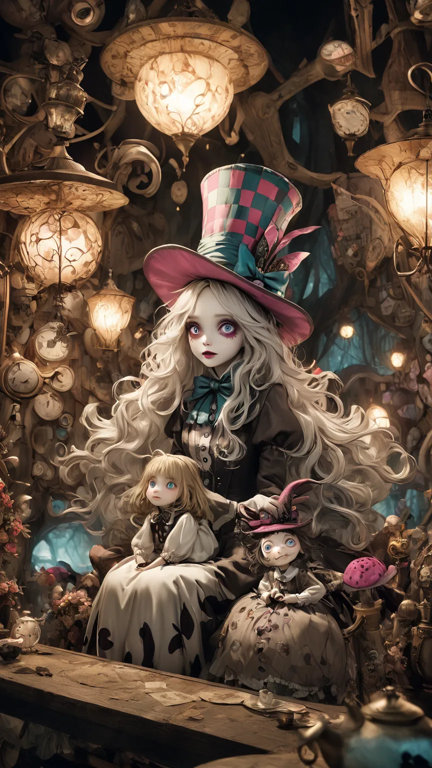 High Quality Textures { x} Details Beautiful and Delicate Eyes、Hi-Res、Top Quality、Tim Burton style、Mad Hatter and Alice wearing Mad Hatter hats、