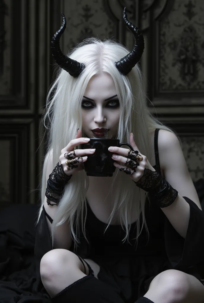 demon woman, pale skin, little horns, messy white hair, in a black negligee, waking up, drinking her coffee, black claws, photorealistic, high quality, 8k, detailed, cinematic lighting, dramatic shadows, moody colors, dark fantasy, gothic, oil painting, fe...