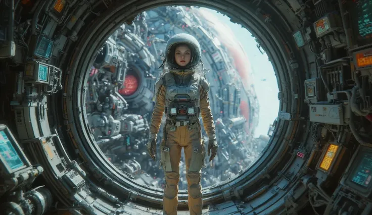 A female astronaut with her helmet on and standing in a futuristic space station with a circular lock where you can see the atmosphere of a reddish planet, , beautiful detailed eyes, beautiful and detailed lips, extremely detailed face and eyes, long tabs,...