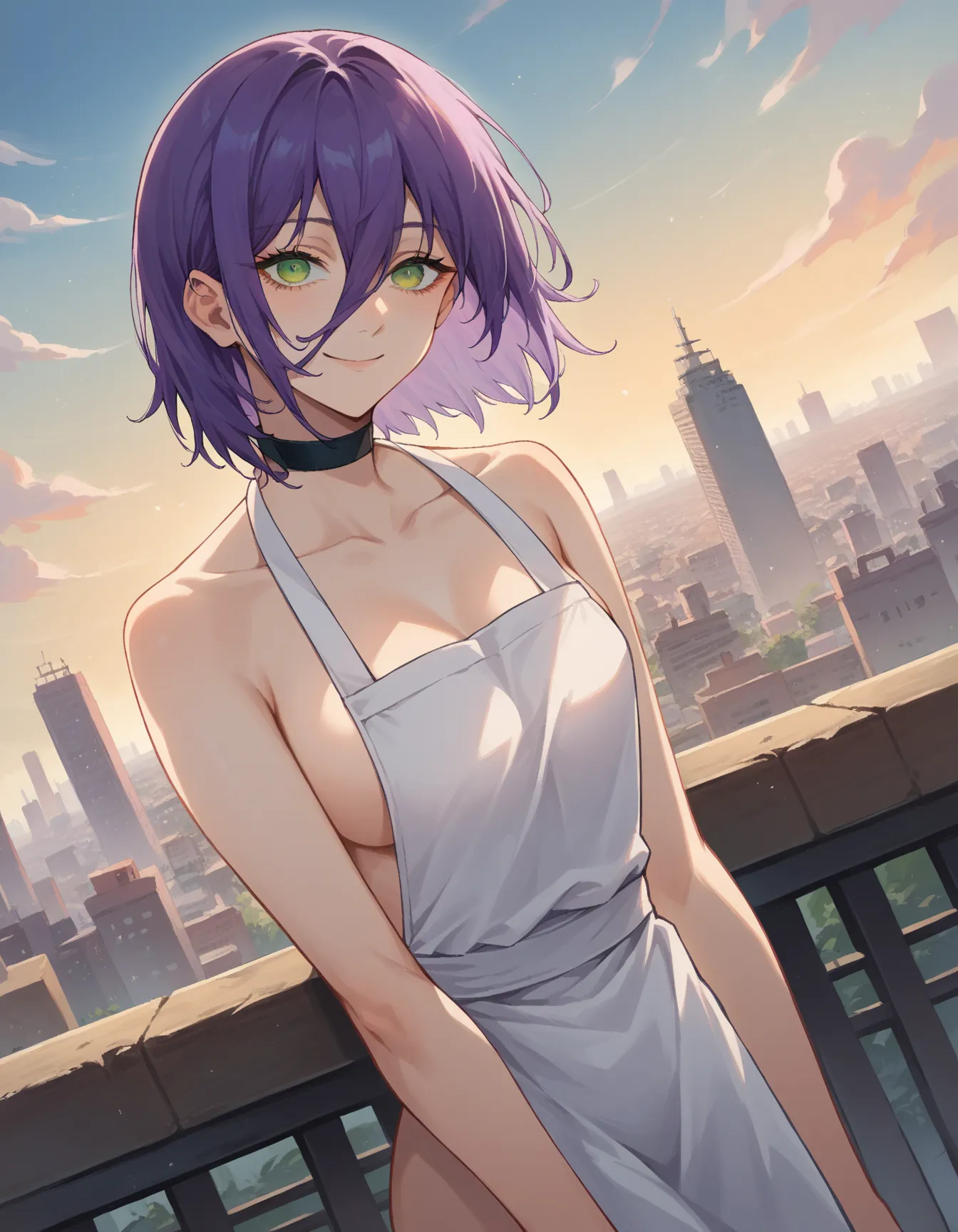  score_9,  score_8_up,  score_7_up,  source_anime,
chainsaw cut,  cut, black choker,  purple hair, choker,  eyebrows hidden in hair, green eye, hair between eyes,  long bangs,  medium hair, smile,
rip your bare shoulders,naked apron
outdoor,  cityscape,
wa...