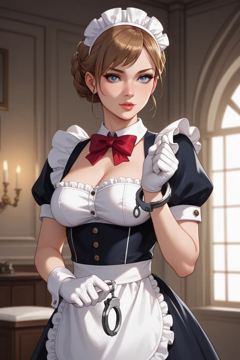  Anime Girl，maid，White Gloves，handcuffs，戴上handcuffs，bondage