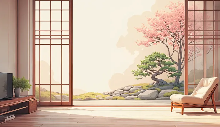 illustration in soft colors predominating , minimalism of a Japanese style living room with window to see the minimalist Japanese garden with bonsai trees, the stage evokes energy and elegance