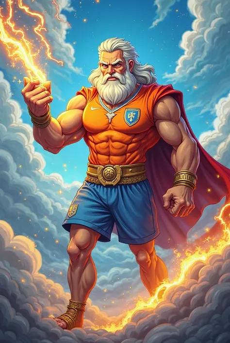 2D cartoon of Zeus with lightning in his hand, with an orange and blue soccer shirt.  that looks impressive  