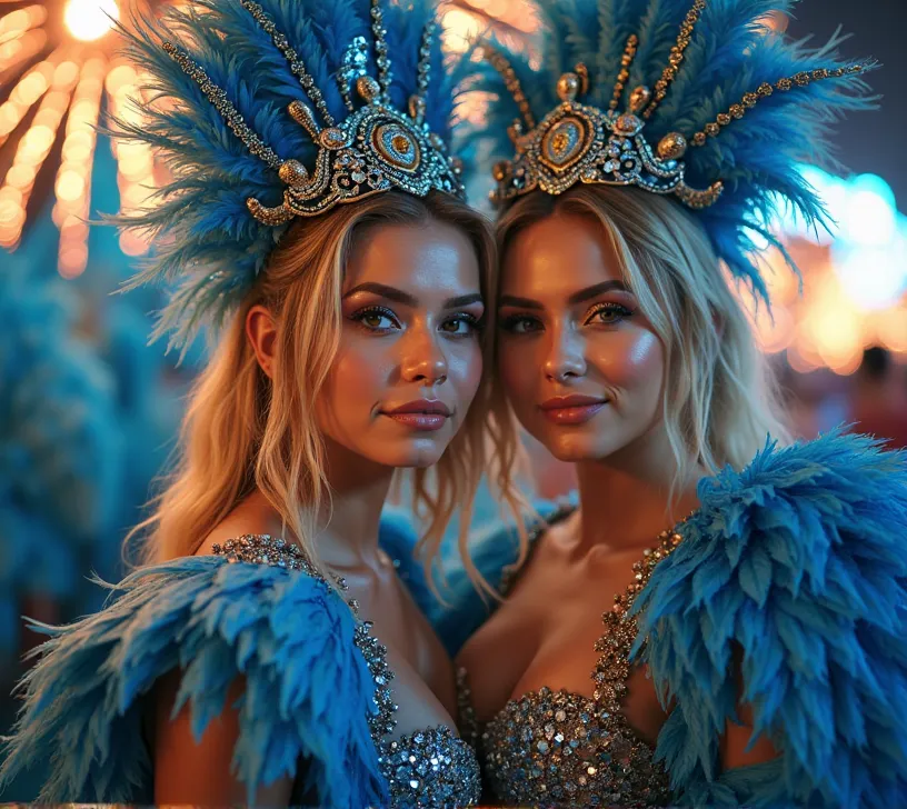 两位女性打扮成巴西狂欢节女王的专业照片, Their costume consists of blue sequins,  iridescent feathers ,  and intricate beadwork , Exuding elegance and majesty. Medium-length blonde hair tied into loose，face is heart-shaped, long black hair.  have a smooth texture ,  delicate ...