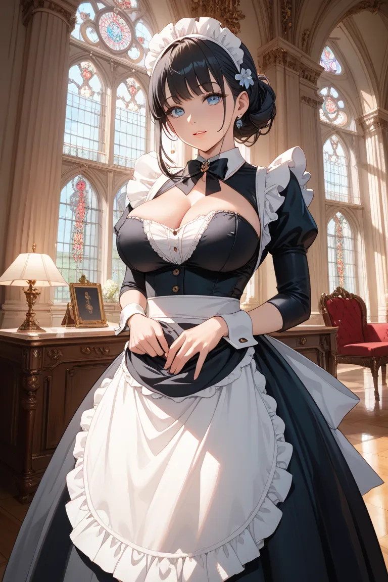 Maid、long black hair、Big Breasts、Mansion