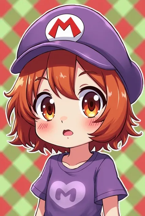 Masterpiece anime style chibi logo illustrated medium close up emote of a girl with copper hair wearing a Mario hat purple shirt Mario plaid