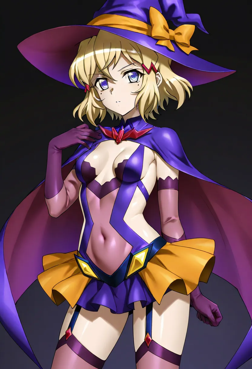 Carol Mars Deanheim (Symphogear),

One girl, Solo,

Short hair, Blonde hair,

Blue eyes, Mole under eye,

Shiny skin,

Small breasts,

Dress, Skirt, Elbow gloves, Clothing cutouts, Covered navel, Witch hat, Garter straps, Purple gloves, Sideless outfit, Si...