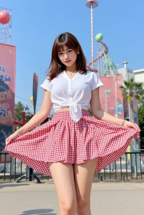 (raw,  raw , img_1025, ), hyperrealistic, ( Best ratio ), ((curl skirt)）、pantie shot、Japanese ,  Slender legs,  Long legs, , an open white short-sleeved shirt and red checkered mini skirt. The skirt is just below the buttocks,  sexy ass, K-pop айдолы、Very ...