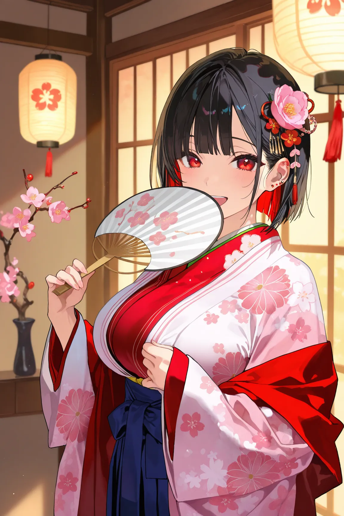 1 woman , (35 years old:1.2), black bob hair , large breasts,red inner color ,(red eyes:0.8),(masterpiece:1.2) ,best quality , piercing,  whole body,smile,open mouth,looking at viewer, BREAK
ohinasama, japanese clothes, layered kimono, long sleeves, sleeve...