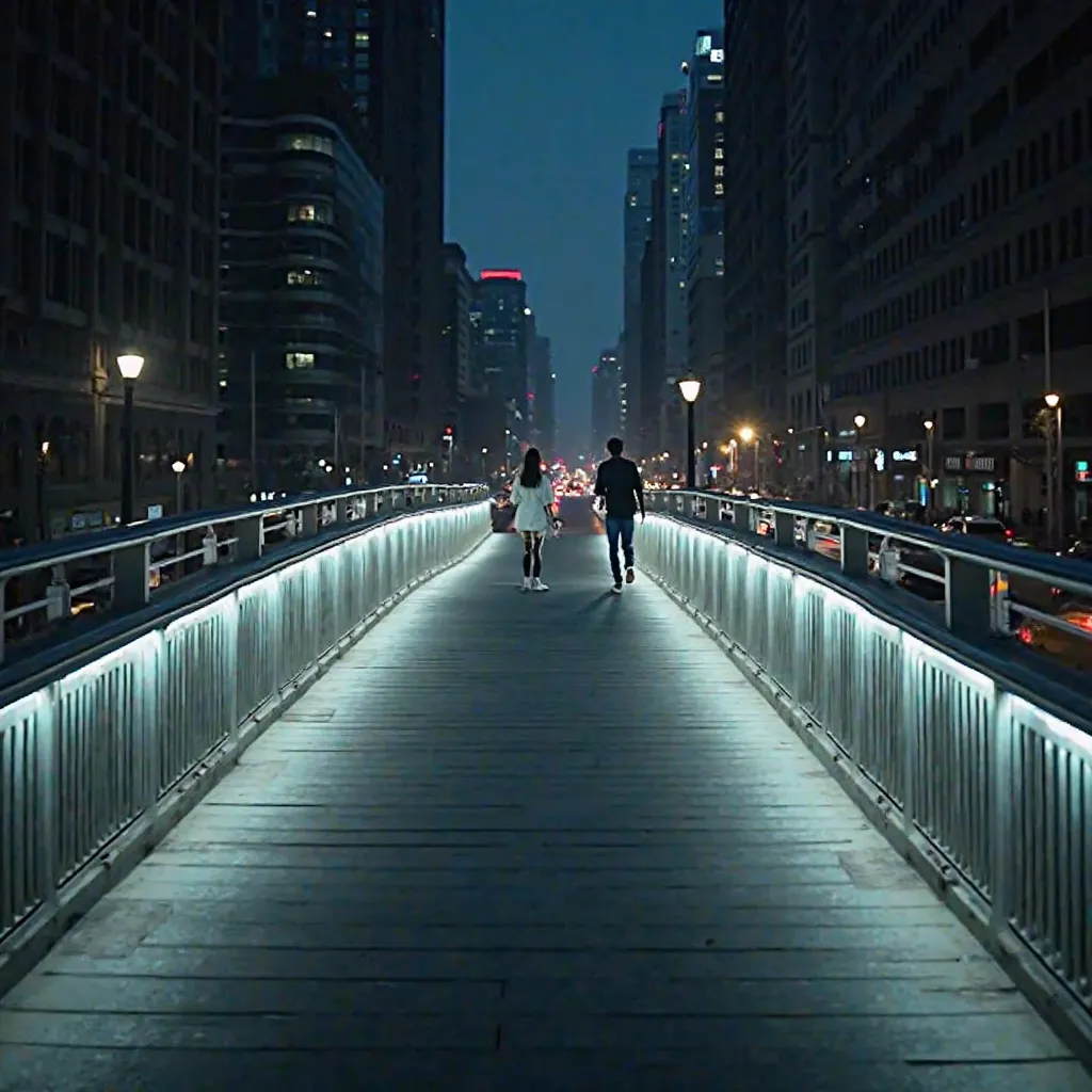  lighting that glows on the railings of a pedestrian bridge in a downtown area、Glowing white 、 Soft Light 、