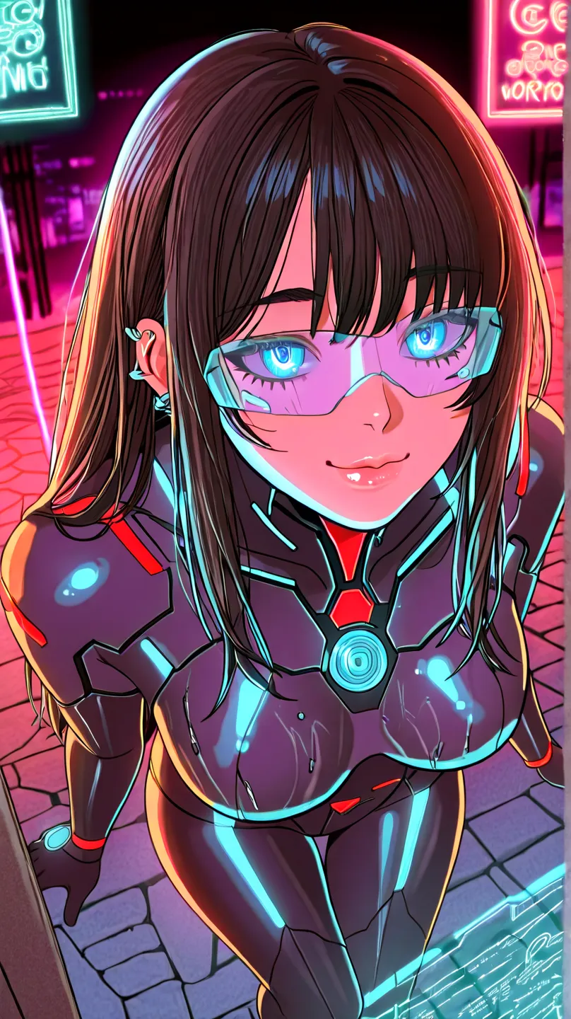 A stunning and enigmatic woman in a neon cyberpunk setting. Naomi Ayumi, a hyper-realistic humanoid AI, has long, silky black hair and piercing, glowing blue cybernetic eyes. Her flawless skin reflects the neon lights around her. She wears a sleek, form-fi...