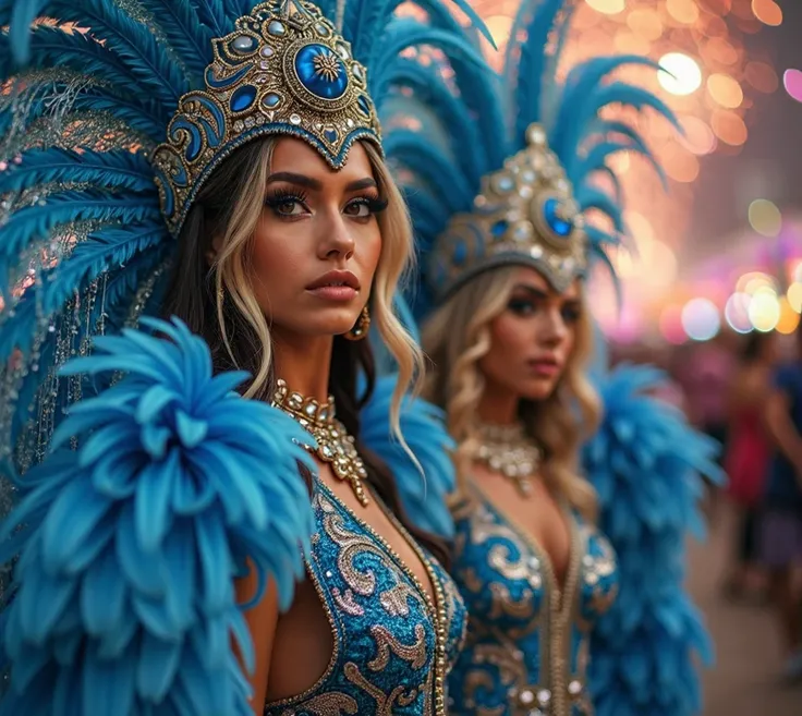 professional photo of two women dressed as Brazilian carnival queens, Their costume consists of blue sequins,  iridescent feathers ,  and intricate beadwork , Exuding elegance and majesty. Medium-length blonde hair tied into loose，face is heart-shaped, lon...