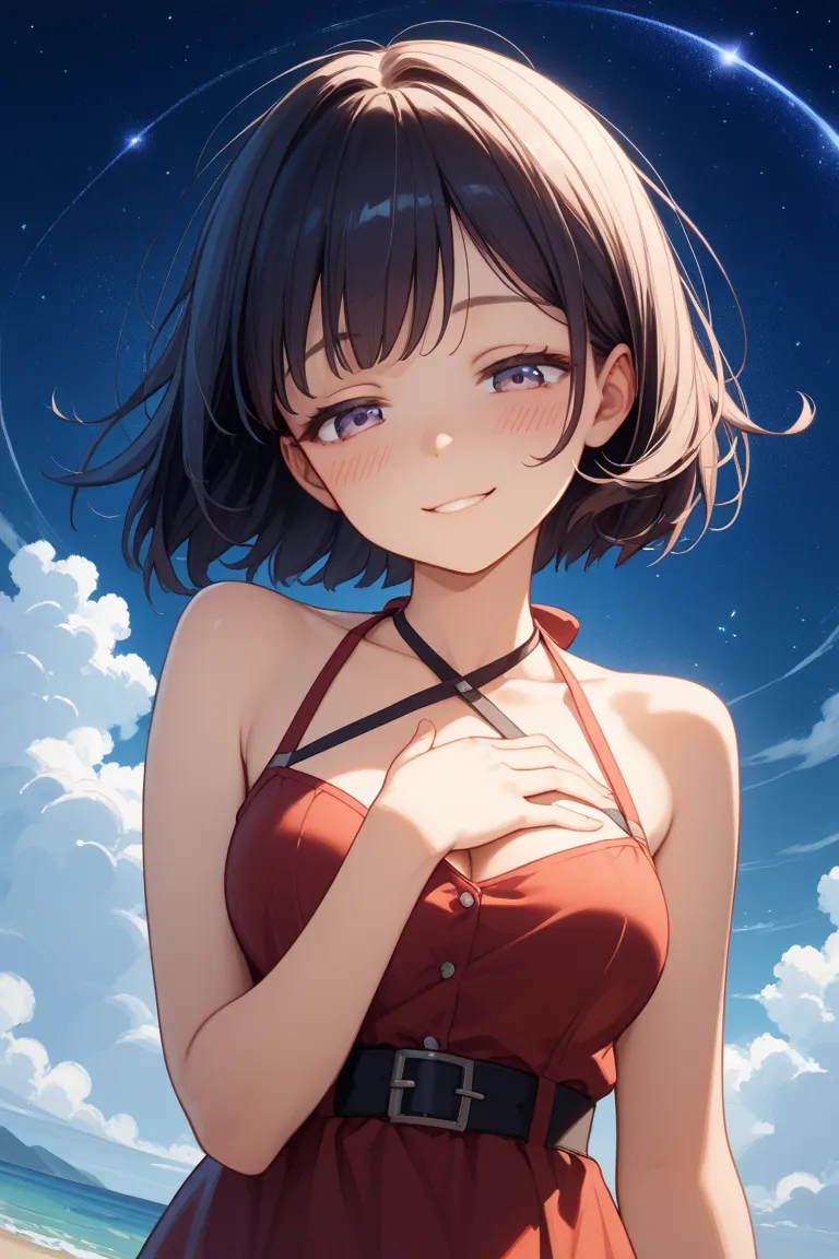 high image quality、Hi-Res、 1girl 、starry sky、 girl looking down at me :2、head tilt:5、 wariza、Strong winds:2.5、blush、 Smile、Thick arms、 hypo、 Black Bob Cut 、Hair messed up by the wind、angle from above:5、medium breasts、purple halterneck、half-closed eyes、lean...