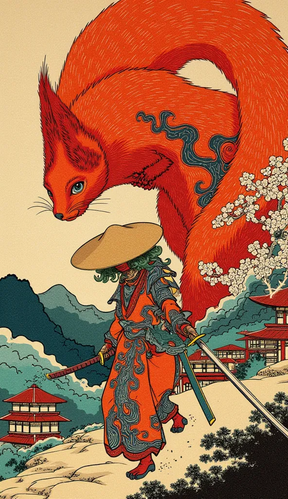 an ukiyo-e depiction of a giant red squirrel fighting against a goddess unknown hooded strawhat swordwoman. both figures have japanese motif of curly cloud swirling on their body. 