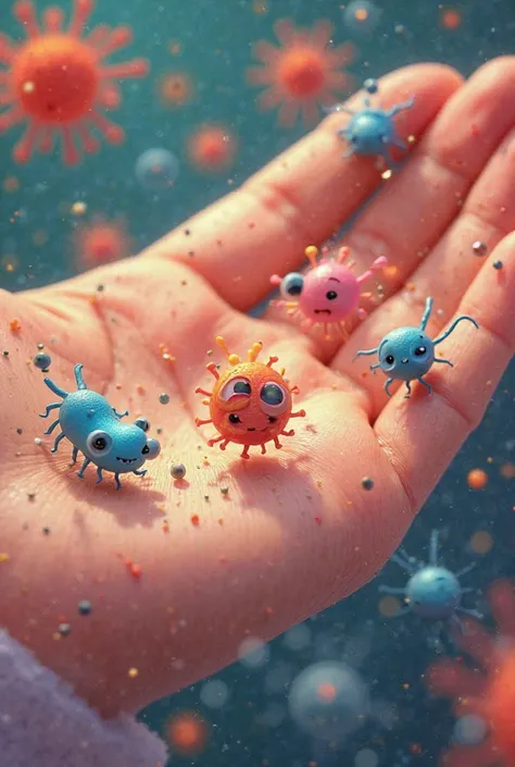 Animation illustration of microbes escaping from disinfectants on human hands