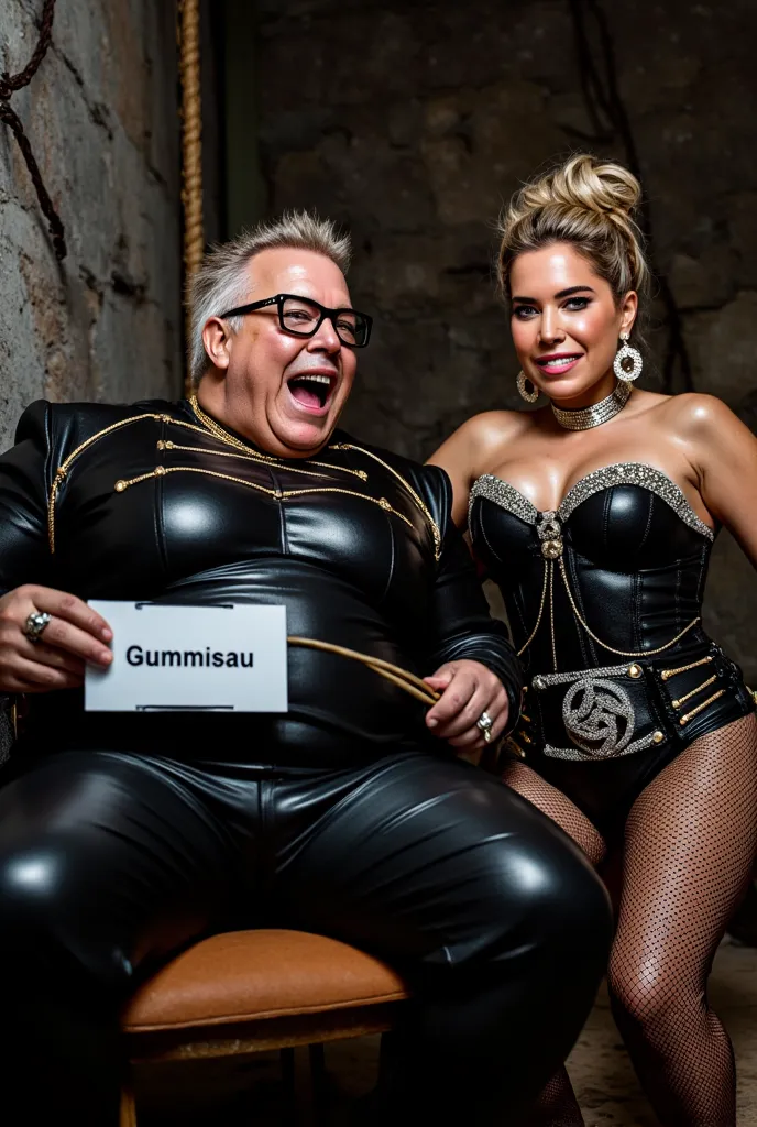 A fat fat screaming elderly man in a skin-tight, shiny black rubber suit with studs and thorns sits tied with chains on a chair, Standing next to him is a chubby elderly woman with big breasts in a black skin-tight rubber corset with a whip in her hand, hu...